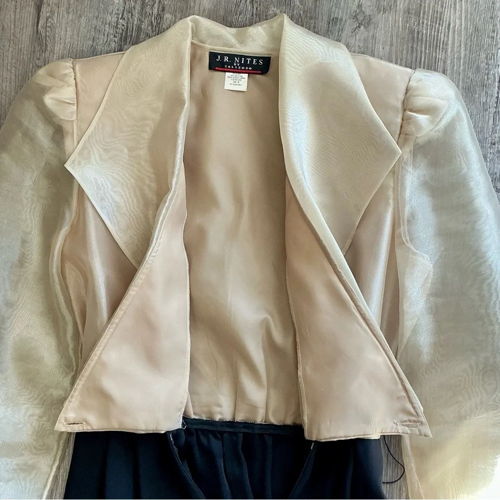 Vintage J.R. Nites by Caliendo Sheer Gold Puff Sleeve Jeweled Belted Jumpsuit - Picture 15 of 16